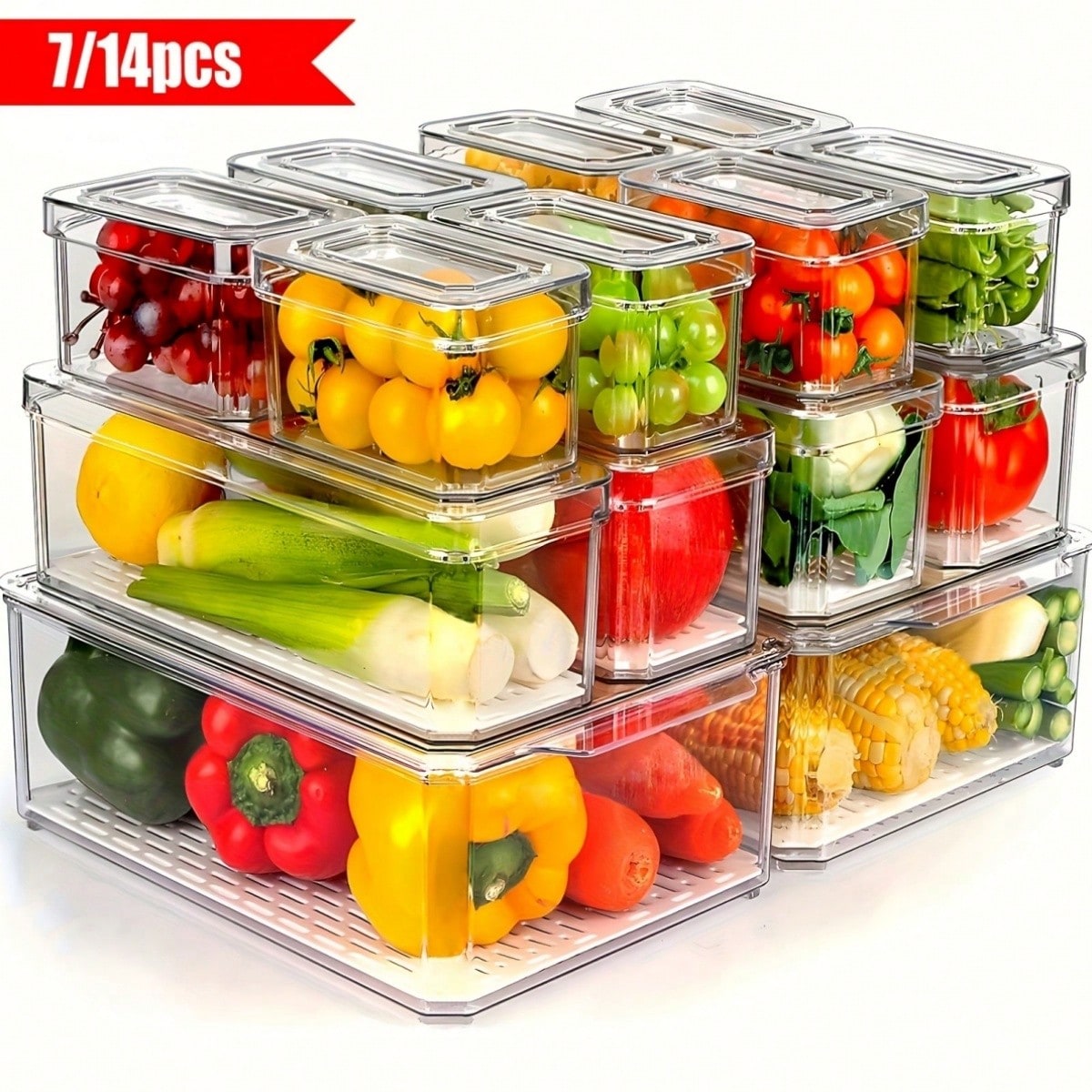 Food Snacks For Party - 7/14-delige stapelbare koelkastopbergbakken met deksels, ruimtebesparende